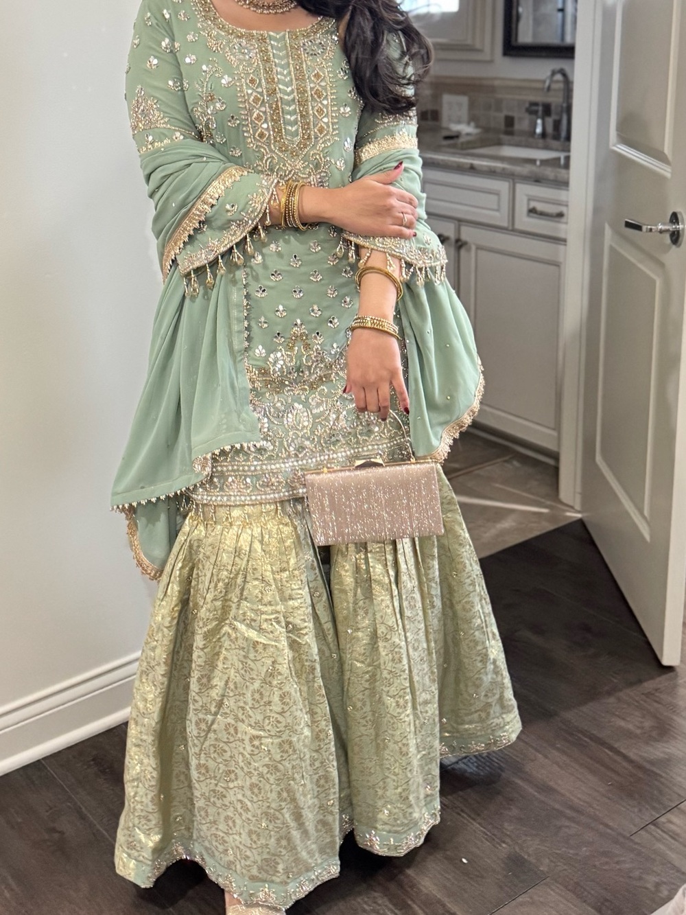 Ethnic Indian Wear Women Palazzo Pants - Sage Green with Gold Embellishment